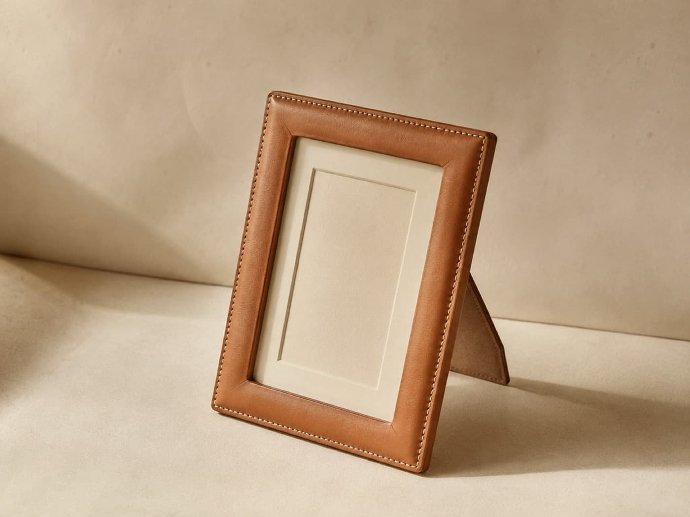 An A5 picture frame wrapped in leather with a stitched border, standing propped at an angle