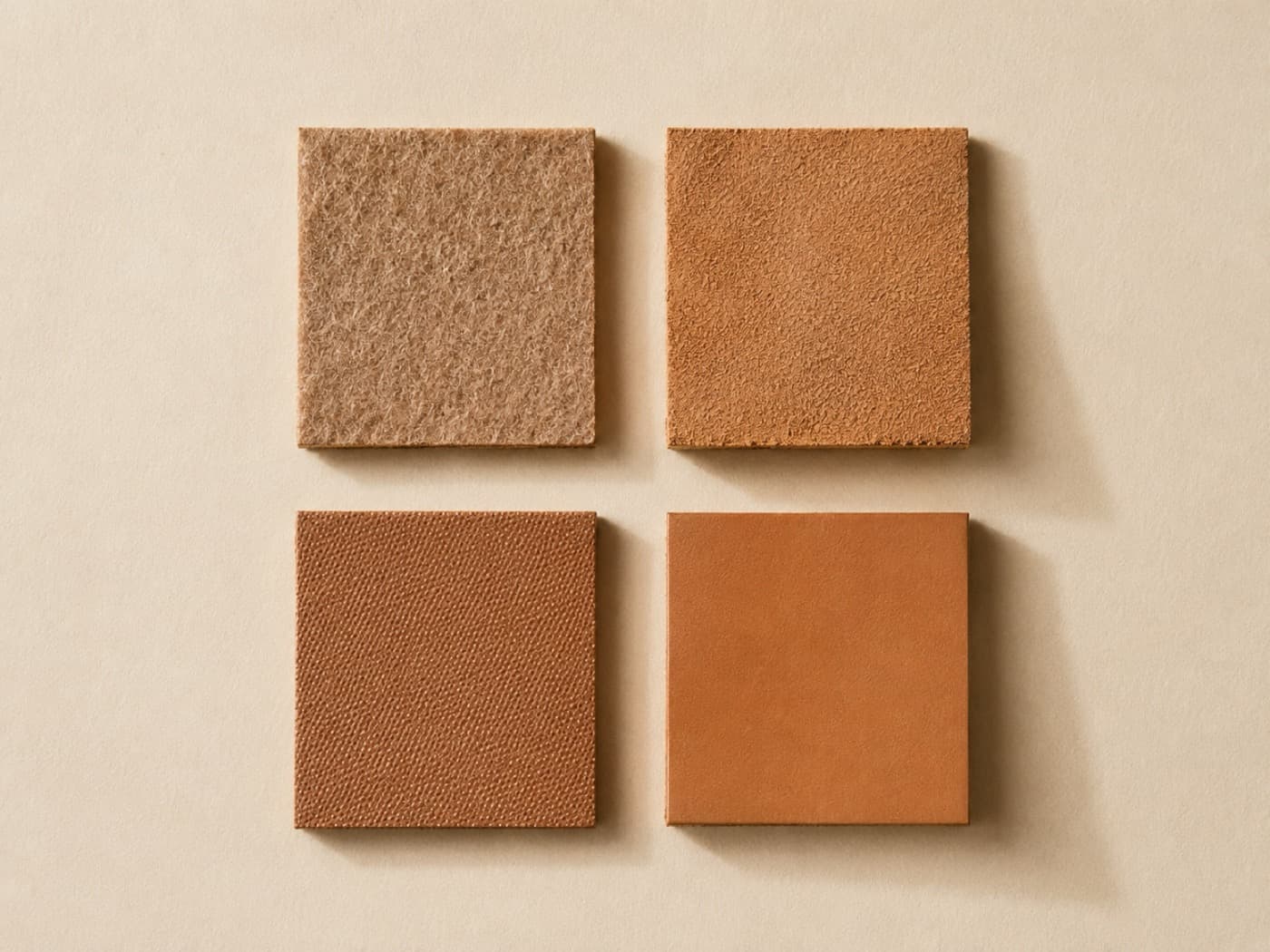 Four leather squares turned over to compare felt, suede, dotted anti-slip and plain backings